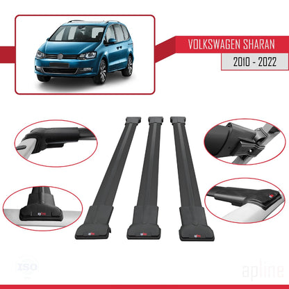 Compatible with Volkswagen Sharan 2 (7N) 2010-2022 Fly Model Car Roof Rack Cross Bar Black Aluminium 3 Bars