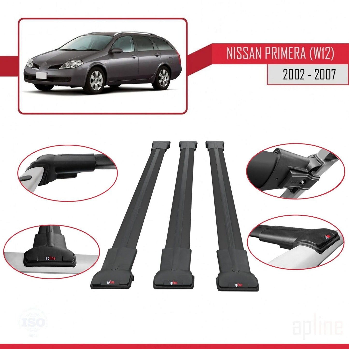 Compatible with Nissan Primera 3 (W12) Traveller 2002-2007 Fly Model Car Roof Rack Cross Bar Black Aluminium 3 Bars