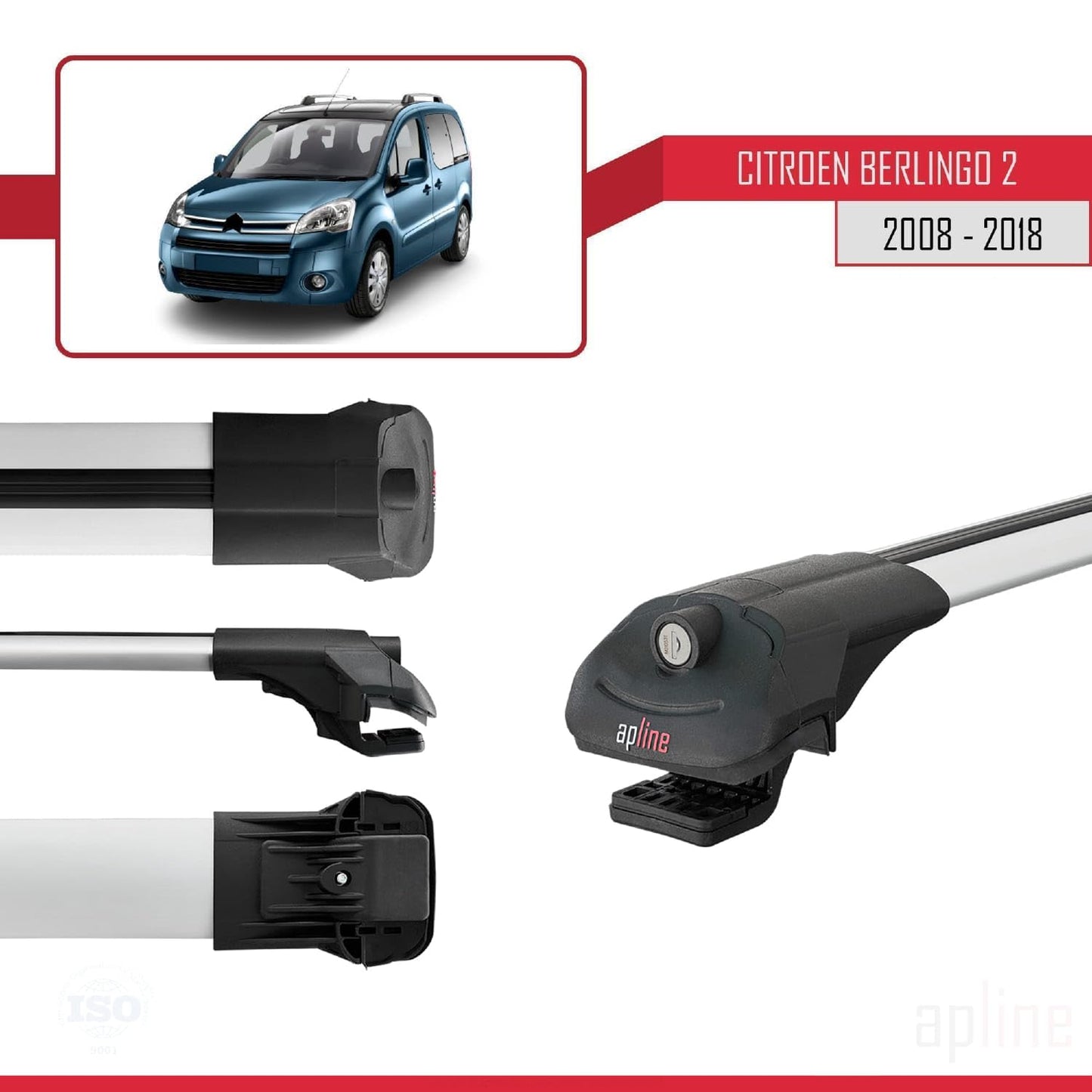 Compatible with Citroen Berlingo 2 (B9) 2008-2018 ACE-1 Car Roof Rack Cross Bar Grey Aluminium 2 Bars