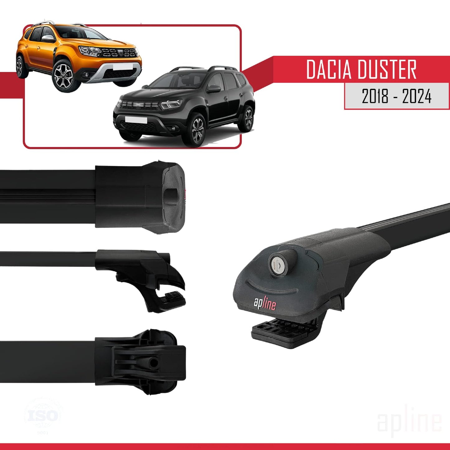 Compatible with Dacia Duster 2 (HM) 2018-2024 ACE-1 Car Roof Rack Cross Bar Black Aluminium 3 Bars