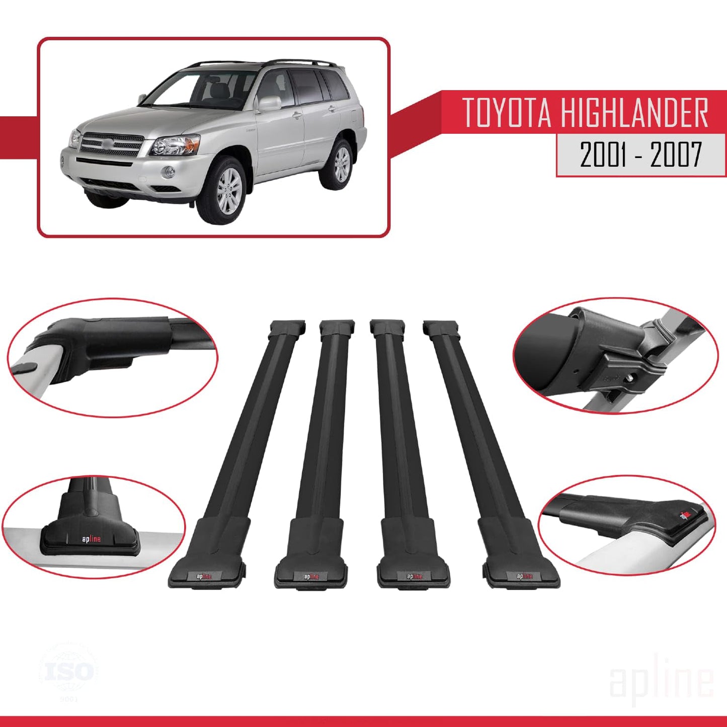 Compatible with Toyota Highlander 2001-2007 Fly Model Car Roof Rack Cross Bar Black Aluminium 4 Bars