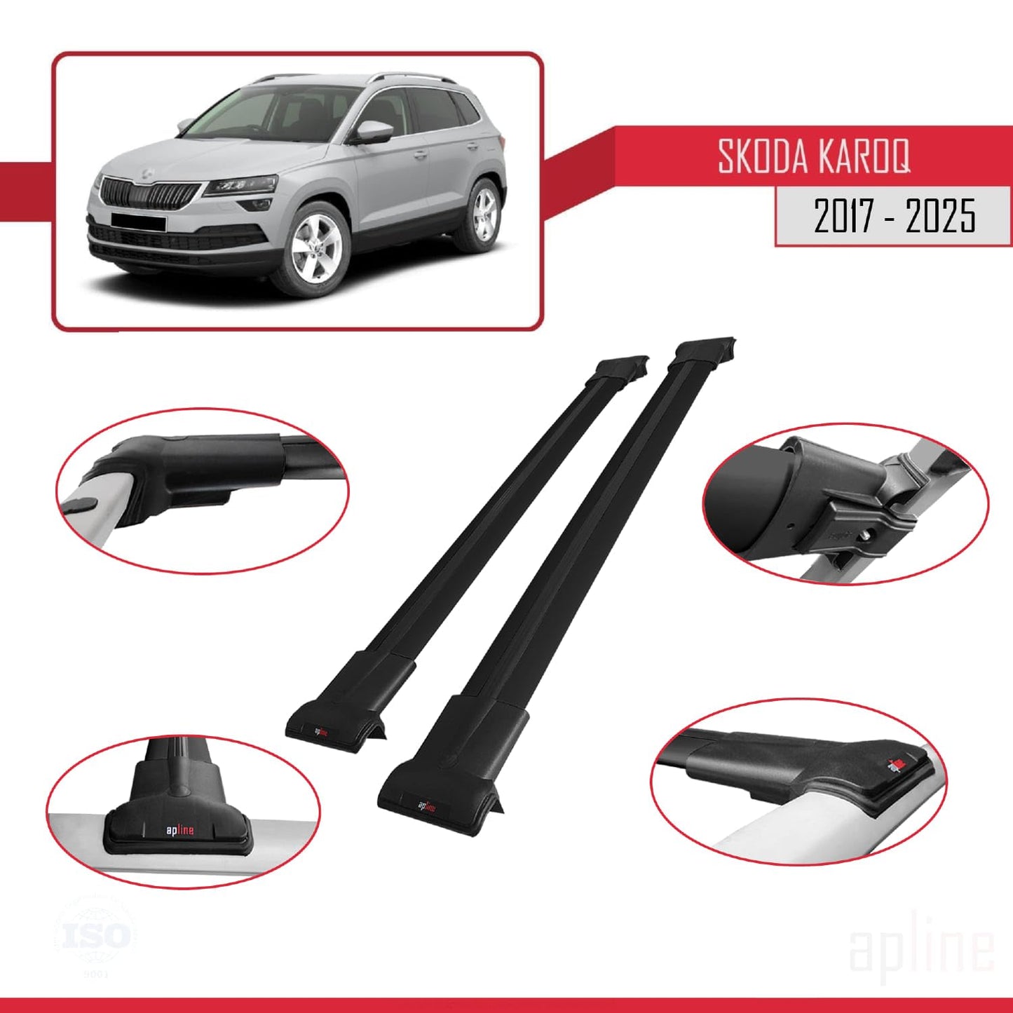 Compatible with Skoda Karoq 2017-2025 Fly Model Car Roof Rack Cross Bar Black Aluminium 2 Bars