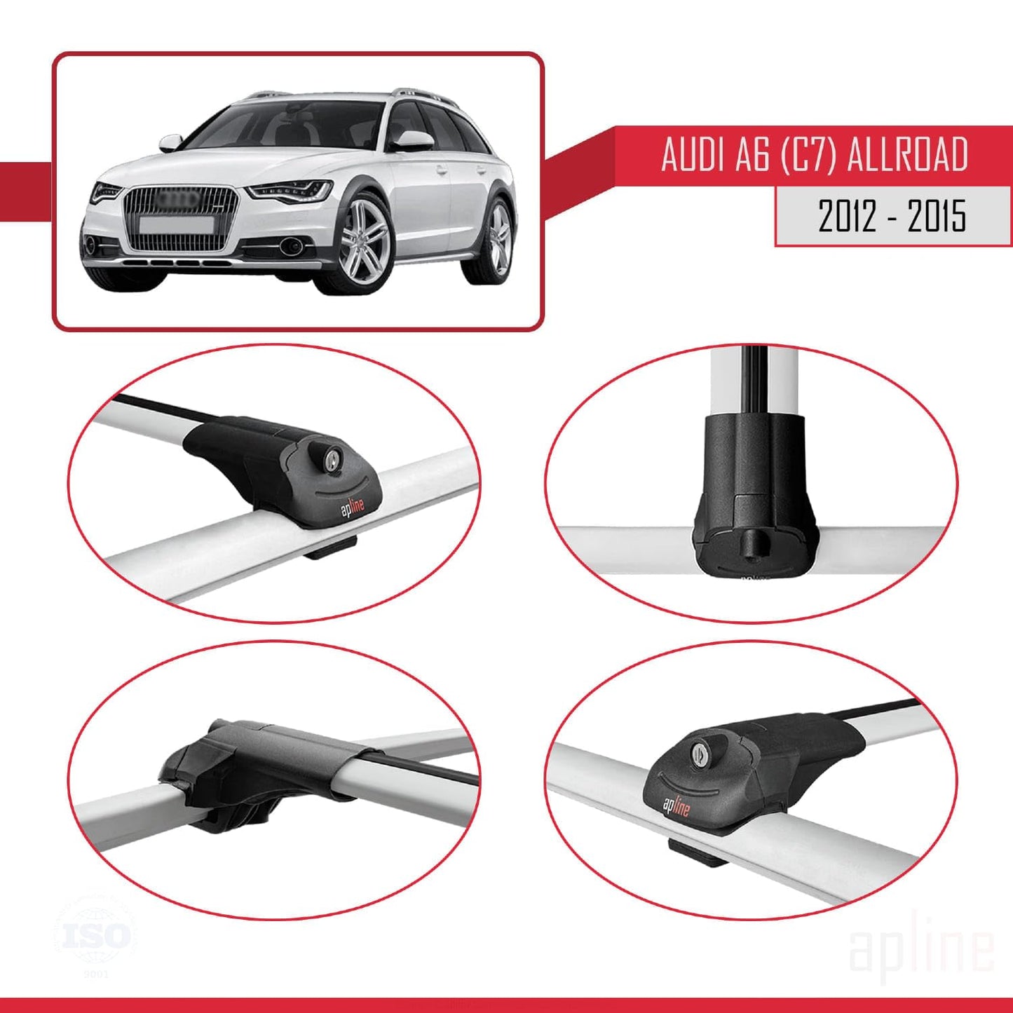 Compatible with Audi A6 (C7) Allroad 2012-2015 ACE-1 Car Roof Rack Cross Bar Grey Aluminium 3 Bars