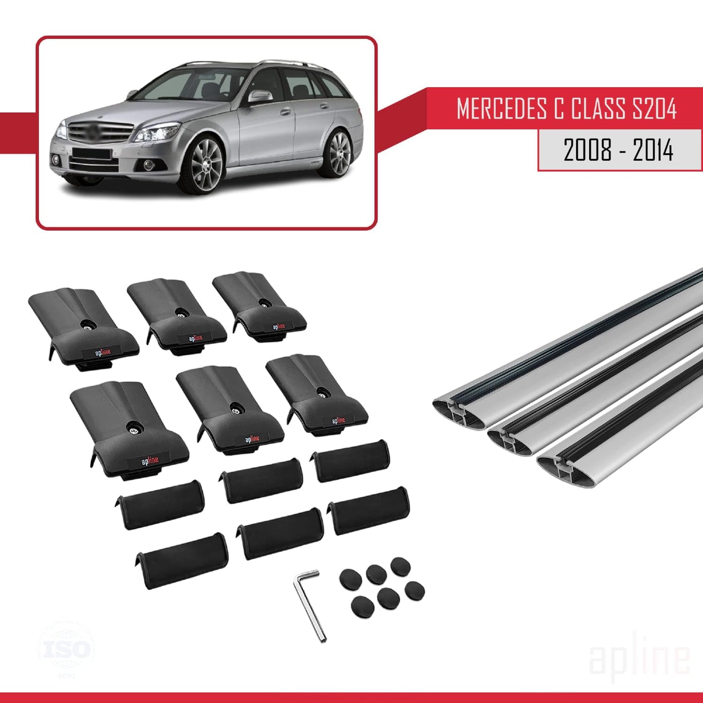 Compatible with Mercedes C Class 3 (S204) 2008-2014 Fly Model Car Roof Rack Cross Bar Grey Aluminium 3 Bars