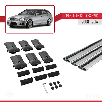 Compatible with Mercedes C Class 3 (S204) 2008-2014 Fly Model Car Roof Rack Cross Bar Grey Aluminium 3 Bars