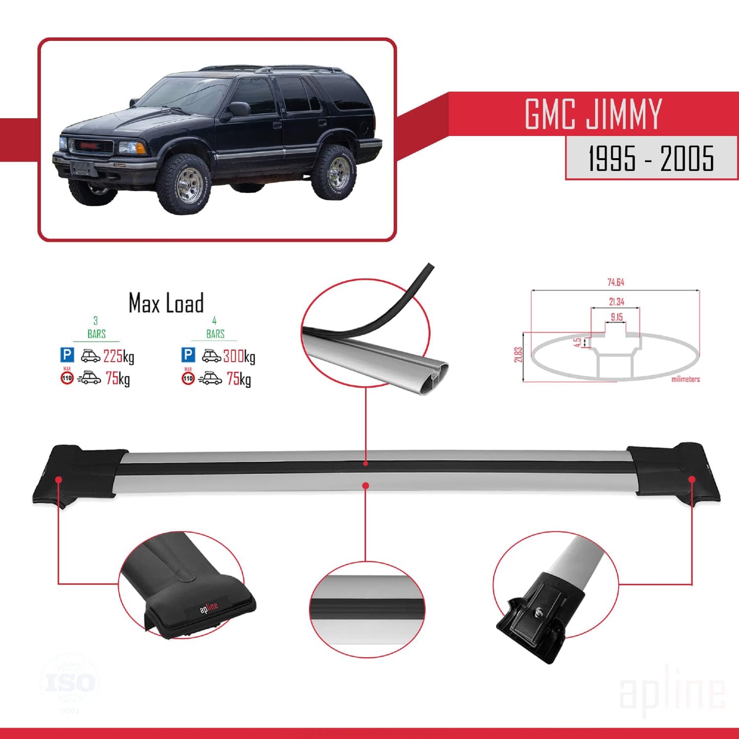 Compatible with GMC Jimmy 1995-2005 Fly Model Car Roof Rack Cross Bar Grey Aluminium 3 Bars