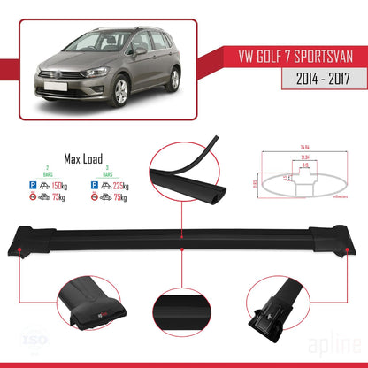 Compatible with Volkswagen Golf Sportvan 2014-2017 Fly Model Car Roof Rack Cross Bar Black Aluminium 2 Bars