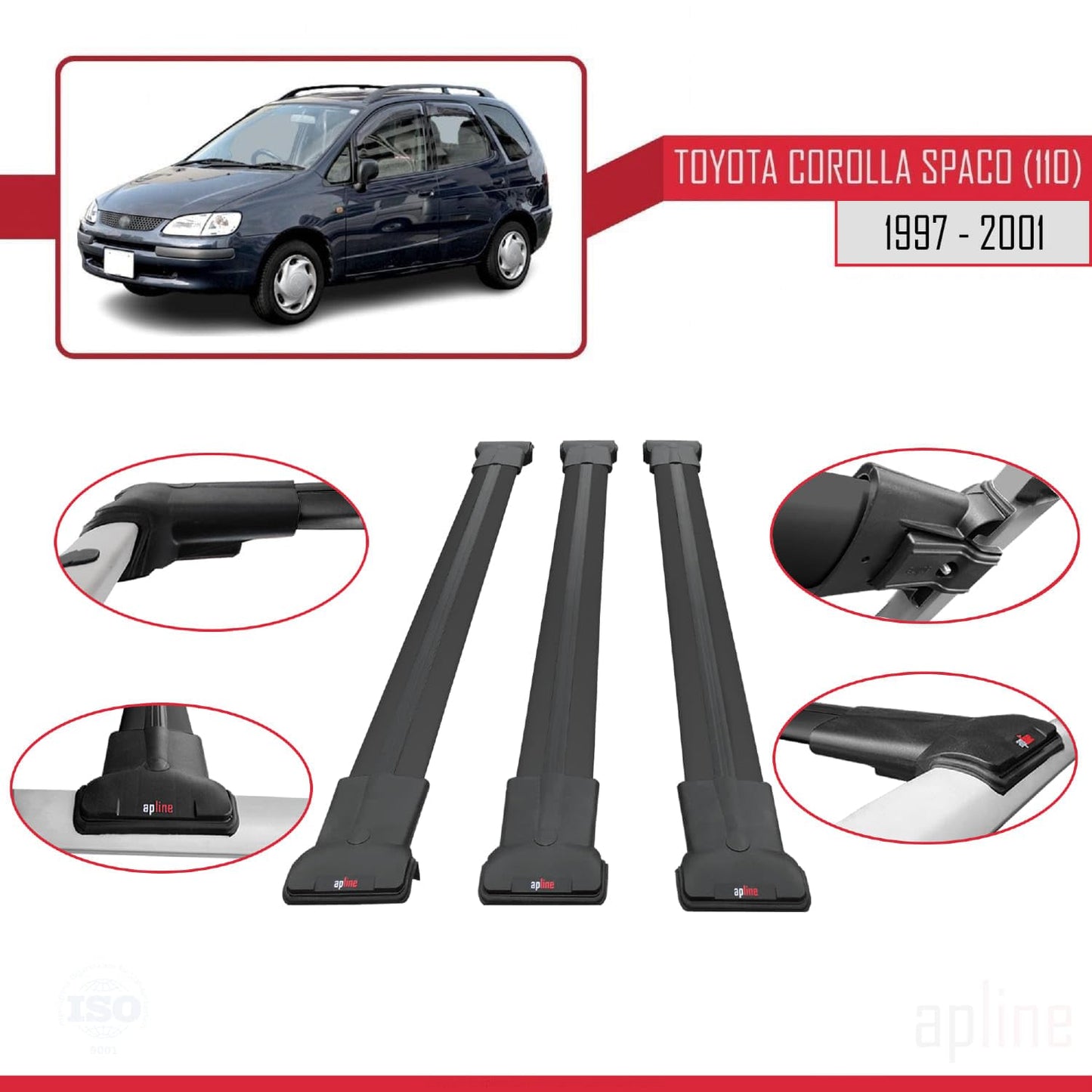 Compatible with Toyota Corolla Spacio (E110) 1997-2001 Fly Model Car Roof Rack Cross Bar Black Aluminium 3 Bars