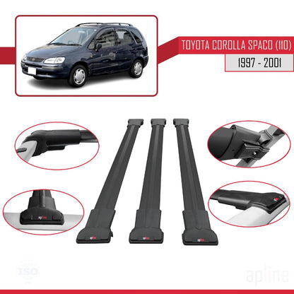 Compatible with Toyota Corolla Spacio (E110) 1997-2001 Fly Model Car Roof Rack Cross Bar Black Aluminium 3 Bars
