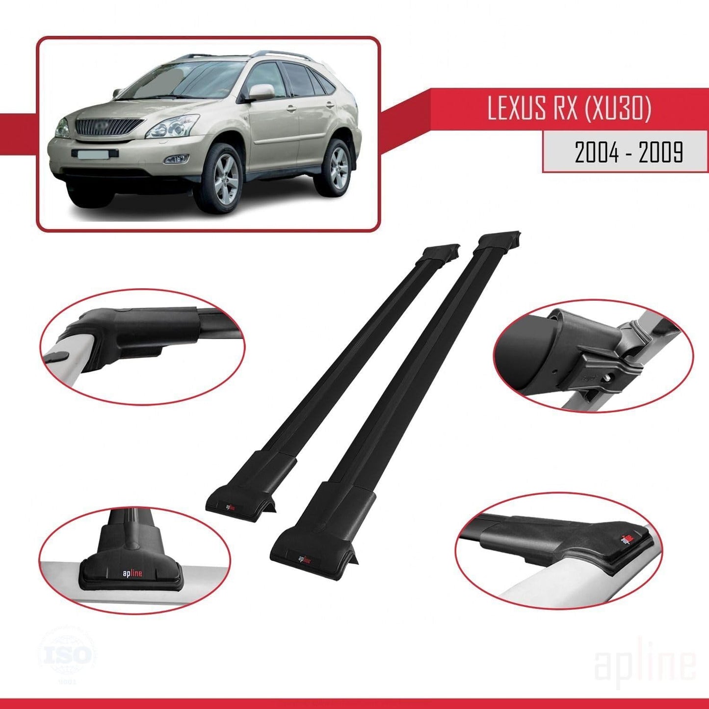 Compatible with Lexus RX 2 (XU30) 2004-2009 Fly Model Car Roof Rack Cross Bar Black Aluminium 2 Bars