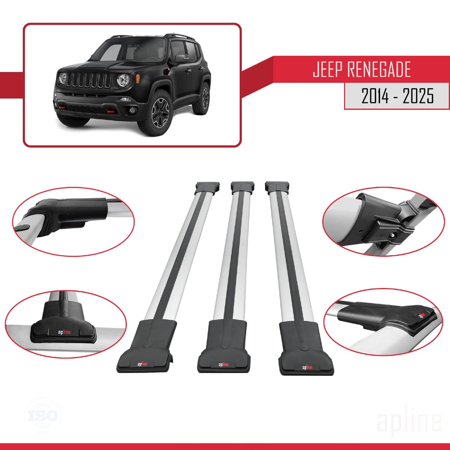 Compatible with Jeep Renegade (BU) 2014-2025 Fly Model Car Roof Rack Cross Bar Grey Aluminium 3 Bars
