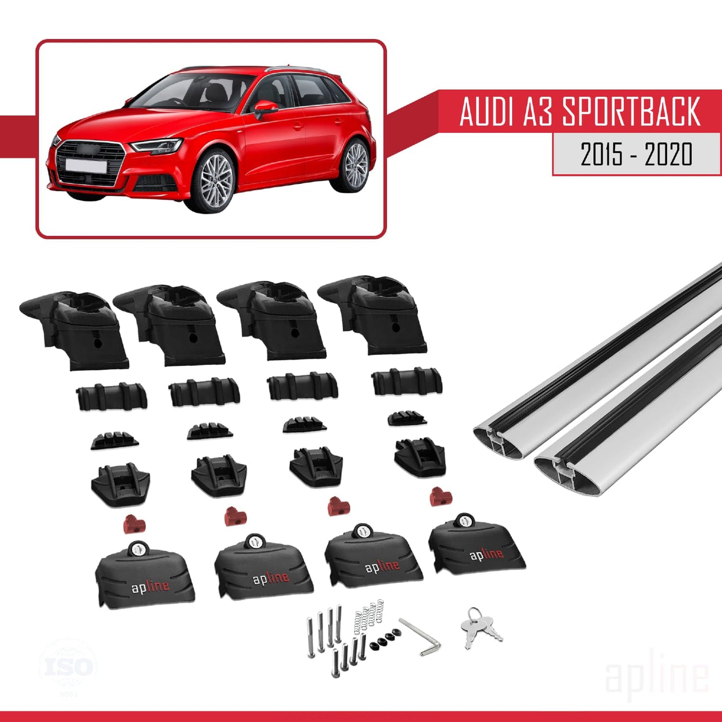 Compatible with Audi A3 Sportback 2015-2020 ACE-2 Car Roof Rack Cross Bar Grey Aluminium 2 Bars