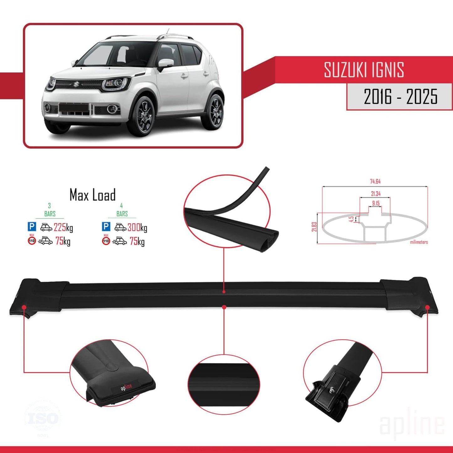 Compatible with Suzuki Ignıs 2016-2025 Fly Model Car Roof Rack Cross Bar Black Aluminium 3 Bars
