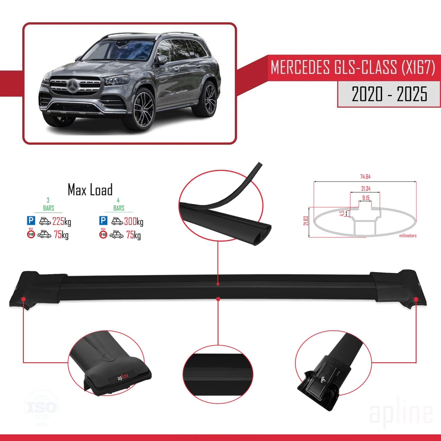 Compatible with Mercedes GLS Class (X167) 2020-2025 Fly Model Car Roof Rack Cross Bar Black Aluminium 3 Bars