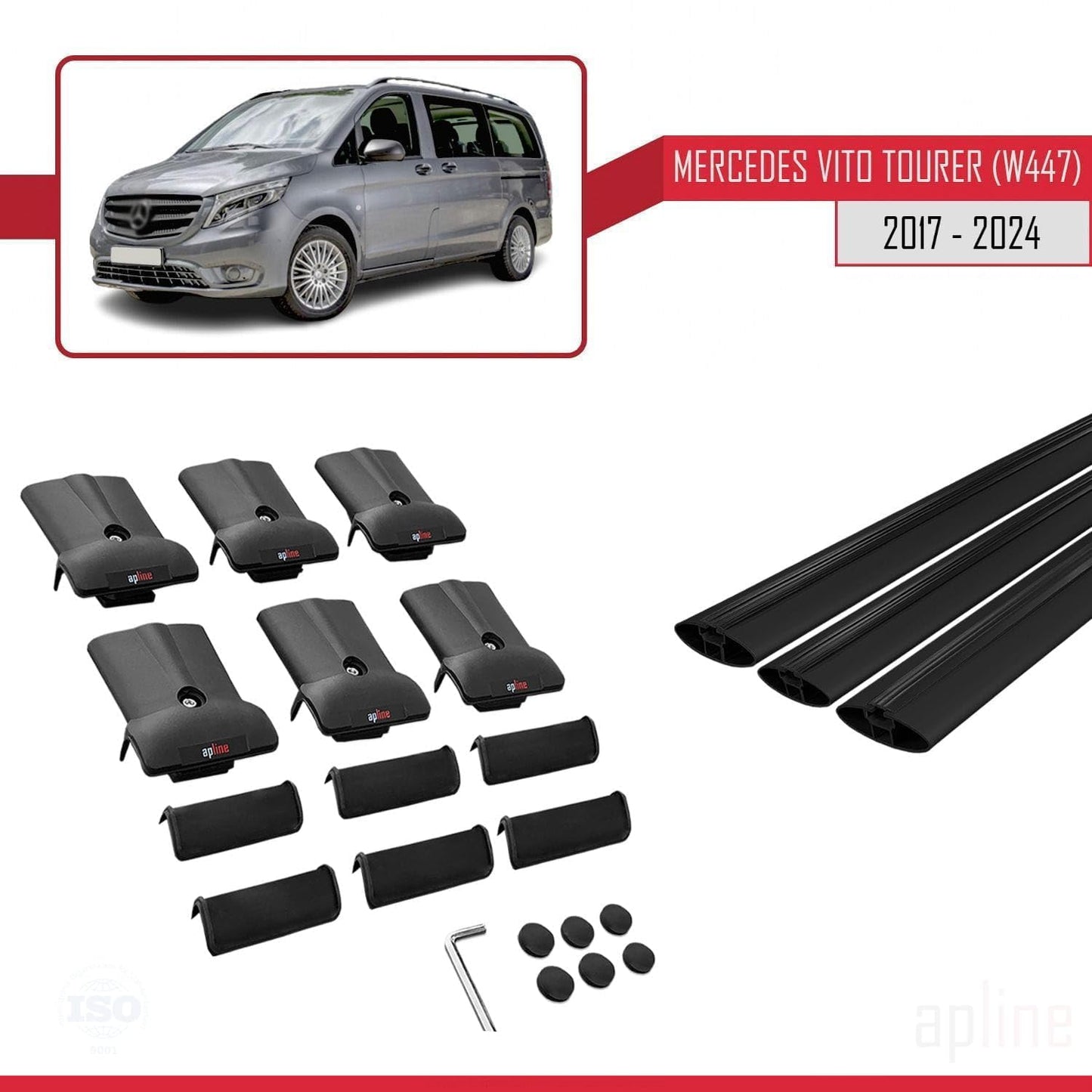 Compatible with Mercedes Vito Tourer (W447) 2014-2025 Fly Model Car Roof Rack Cross Bar Black Aluminium 3 Bars