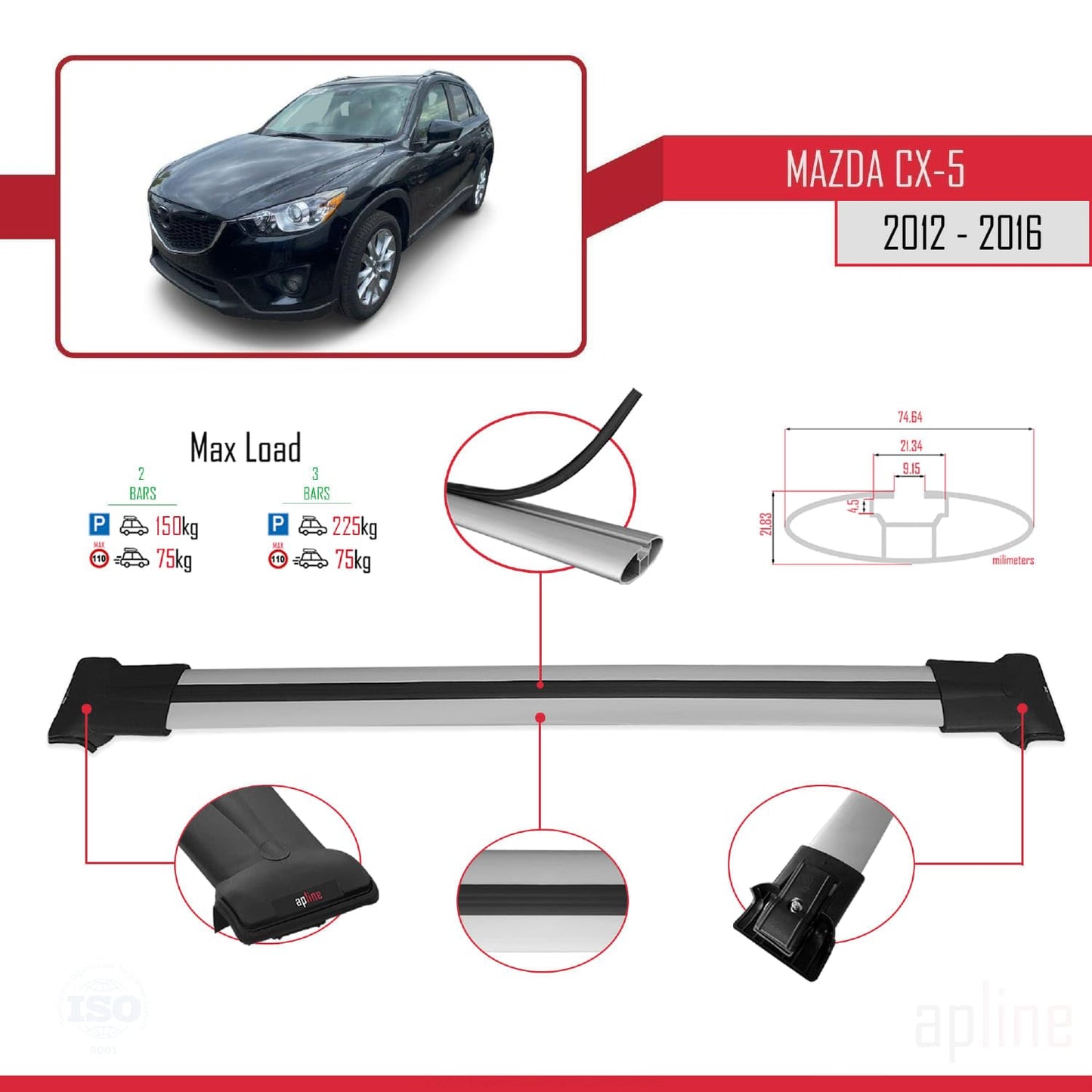 Compatible with Mazda CX-5 I (KE) 2012-2016 Fly Model Car Roof Rack Cross Bar Grey Aluminium 2 Bars