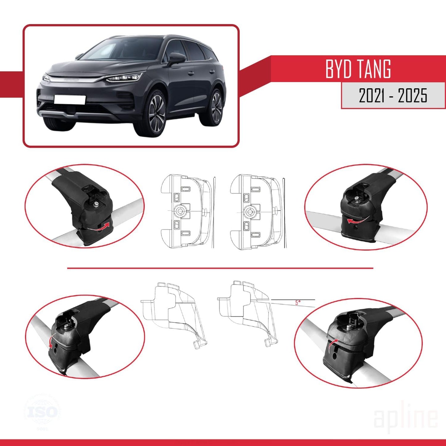 Compatible with BYD Tang 2021-2025 ACE-2 Car Roof Rack Cross Bar Grey Aluminium 2 Bars