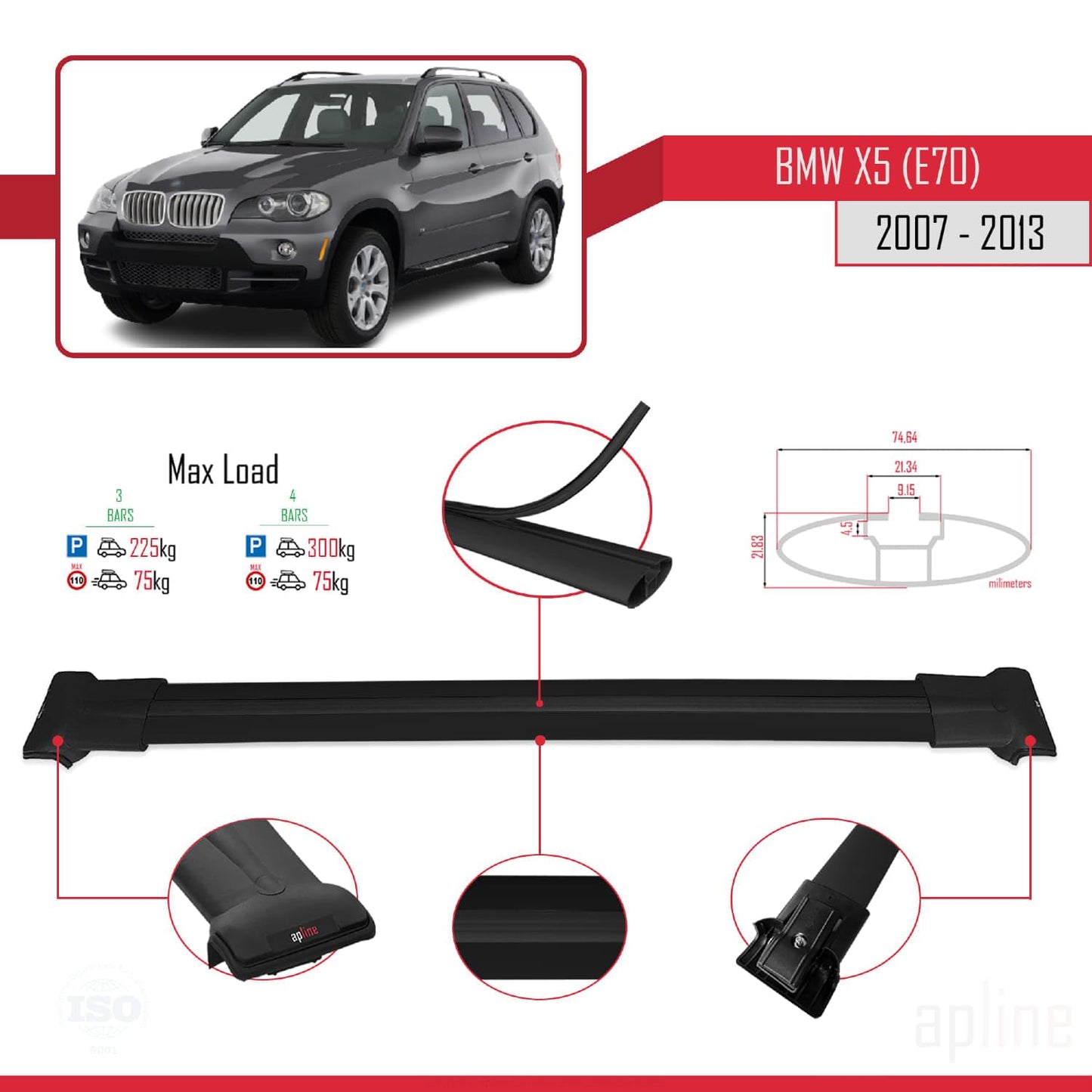 Compatible with BMW X5 (E70) 2007-2013 Fly Model Car Roof Rack Cross Bar Black Aluminium 3 Bars