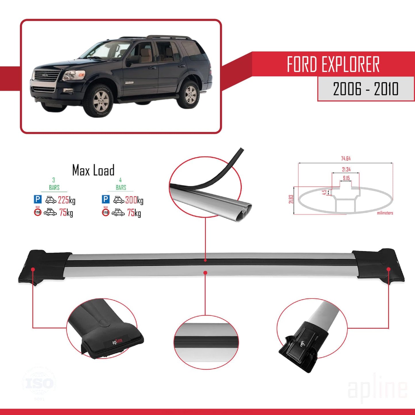 Compatible with Ford Explorer 2006-2010 Fly Model Car Roof Rack Cross Bar Grey Aluminium 3 Bars