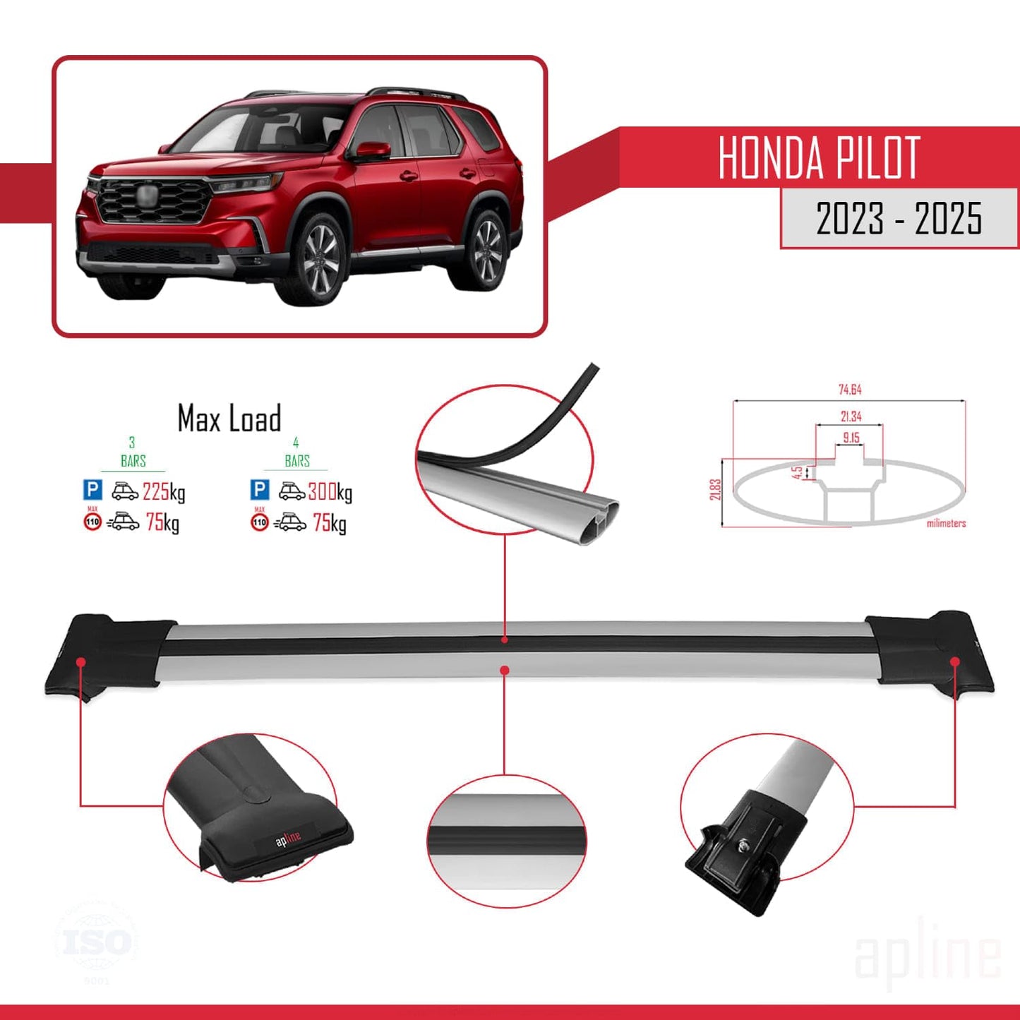 Compatible with Honda Pilot 2023-2025 Fly Model Car Roof Rack Cross Bar Grey Aluminium 3 Bars