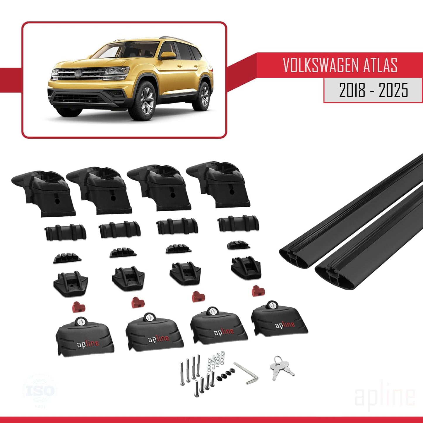 Compatible with Volkswagen Atlas (CA1) 2018-2025 ACE-2 Car Roof Rack Cross Bar Black Aluminium 2 Bars