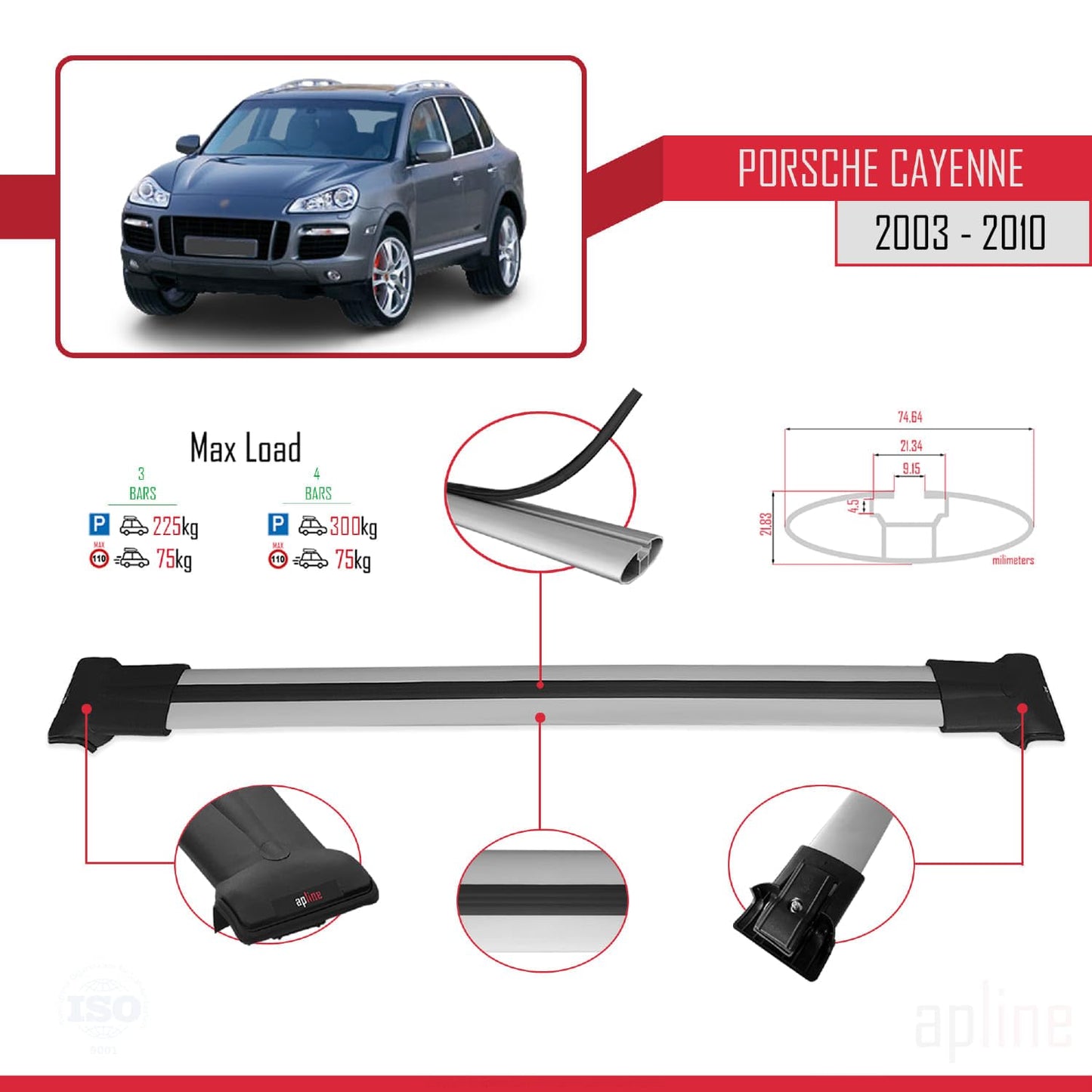 Compatible with Porsche Cayenne (9PA) 2003-2010 Fly Model Car Roof Rack Cross Bar Grey Aluminium 3 Bars