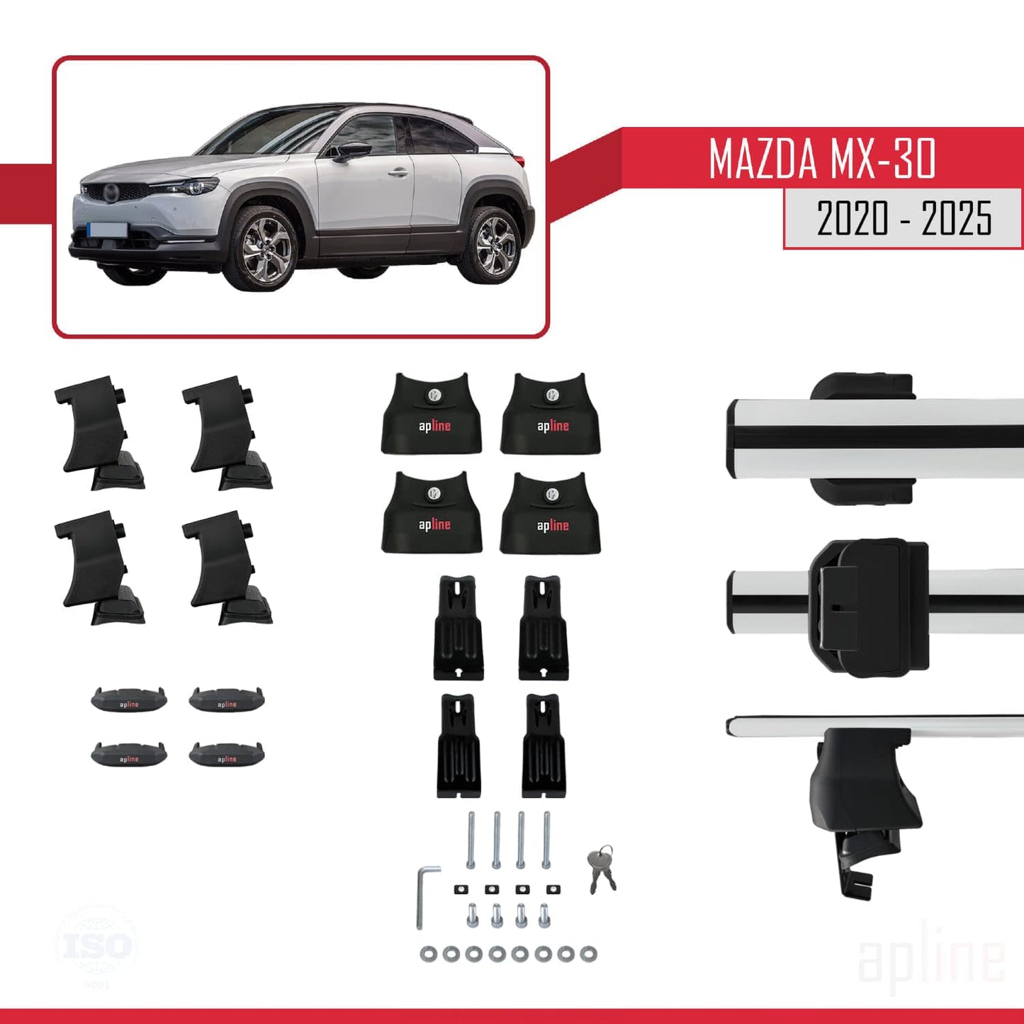 Compatible with Mazda MX-30 (DR) 2020-2025 ACE-4 Car Roof Rack Cross Bar Grey Aluminium 2 Bars