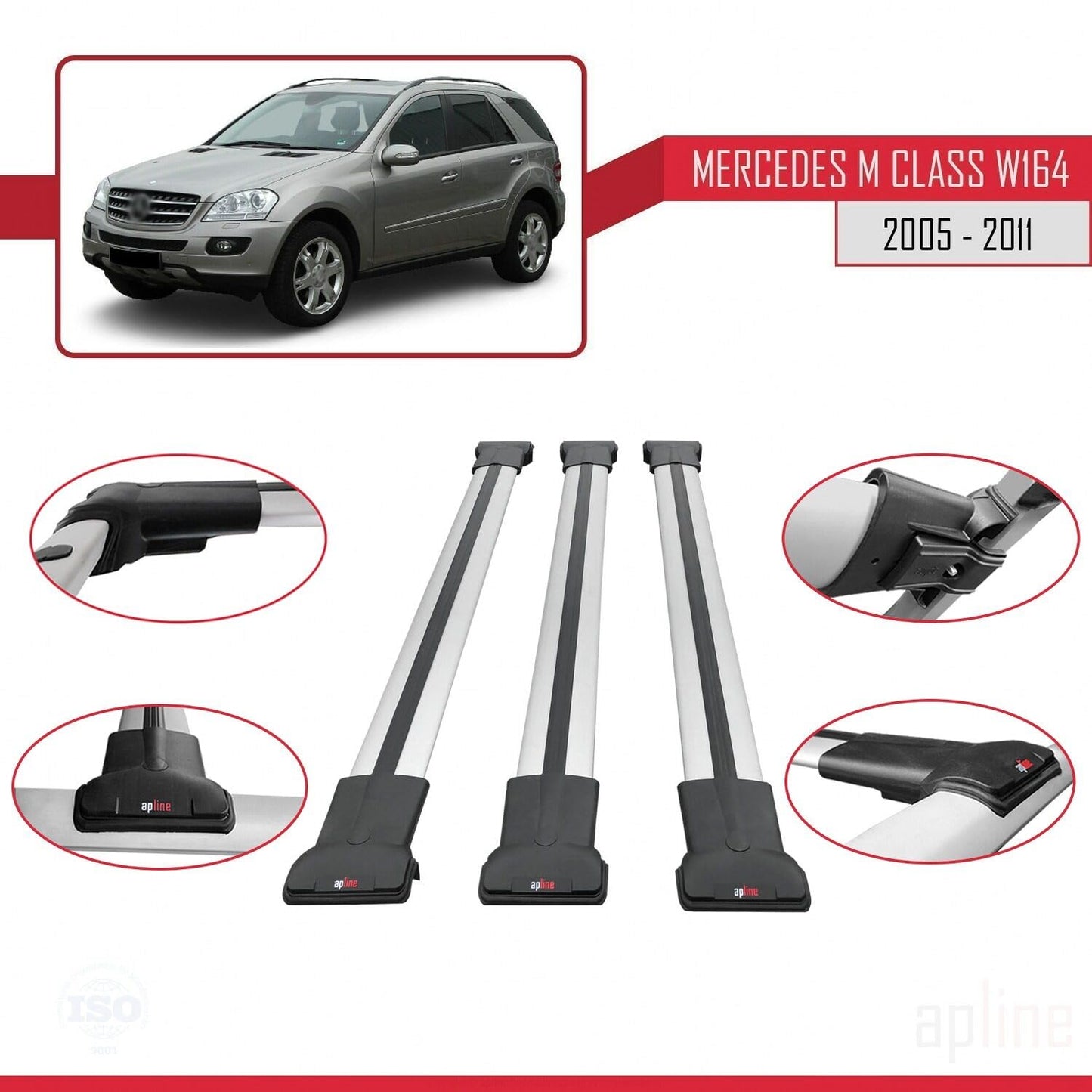 Compatible with Mercedes M Class 2 (W164) 2005-2011 Fly Model Car Roof Rack Cross Bar Grey Aluminium 3 Bars