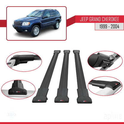 Compatible with Jeep Grand Cherokee 2 (WJ) 1999-2004 Fly Model Car Roof Rack Cross Bar Black Aluminium 3 Bars