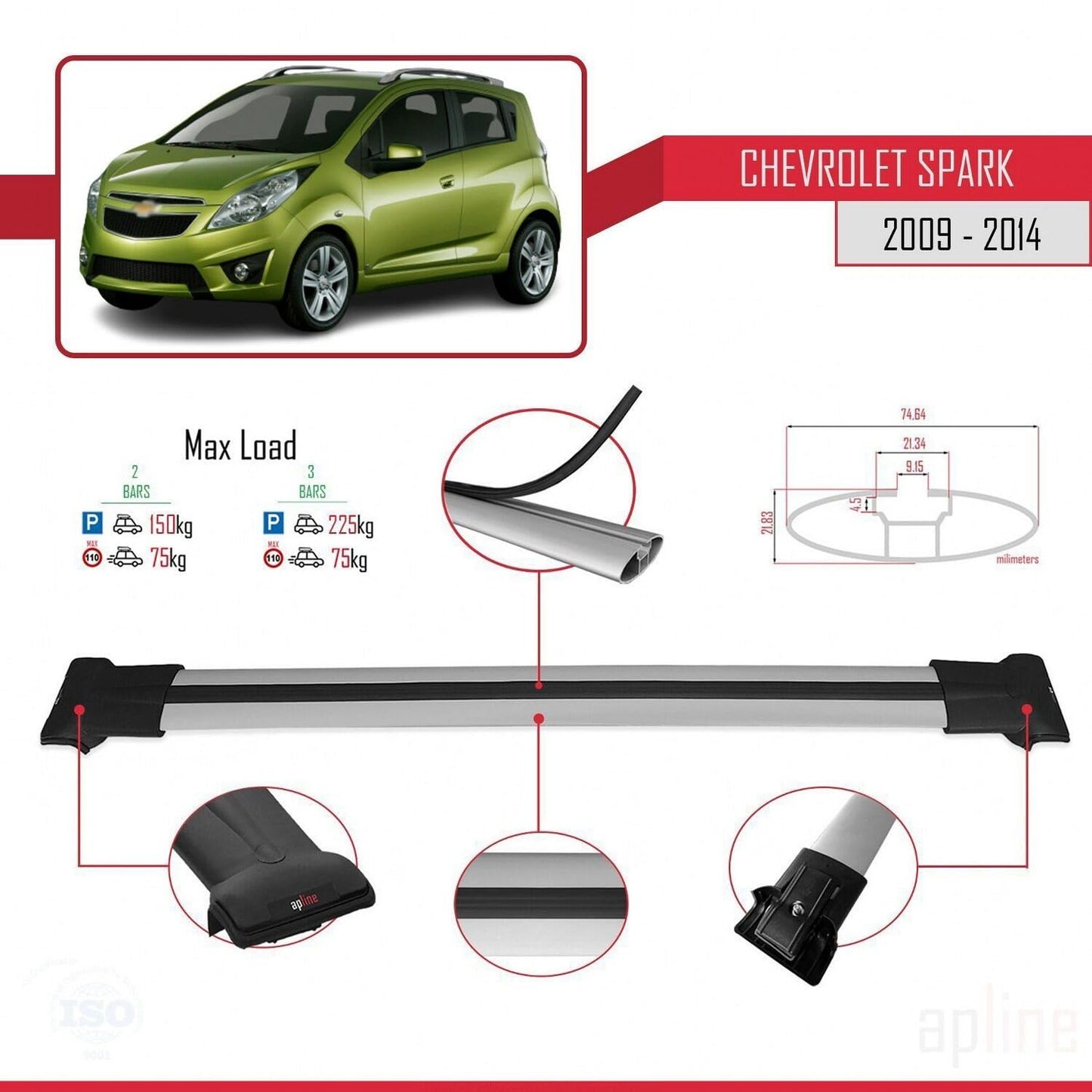 Compatible with Chevrolet Spark (M300) 2009-2014 Fly Model Car Roof Rack Cross Bar Grey Aluminium 2 Bars