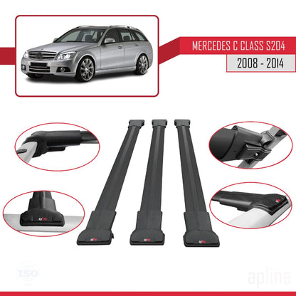Compatible with Mercedes C Class 3 (S204) 2008-2014 Fly Model Car Roof Rack Cross Bar Black Aluminium 3 Bars