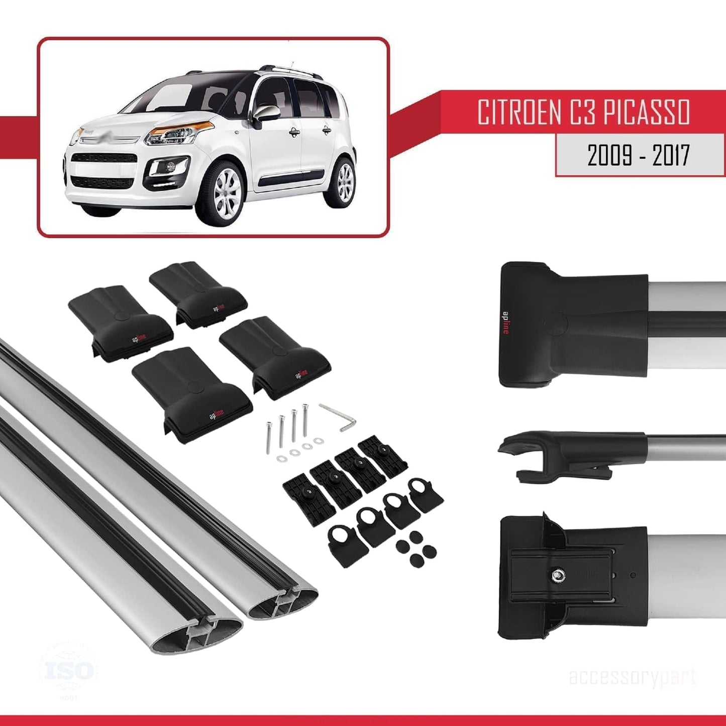 Compatible with Citroen C3 Picasso 2009-2017 Fly Model Car Roof Rack Cross Bar Grey Aluminium 2 Bars