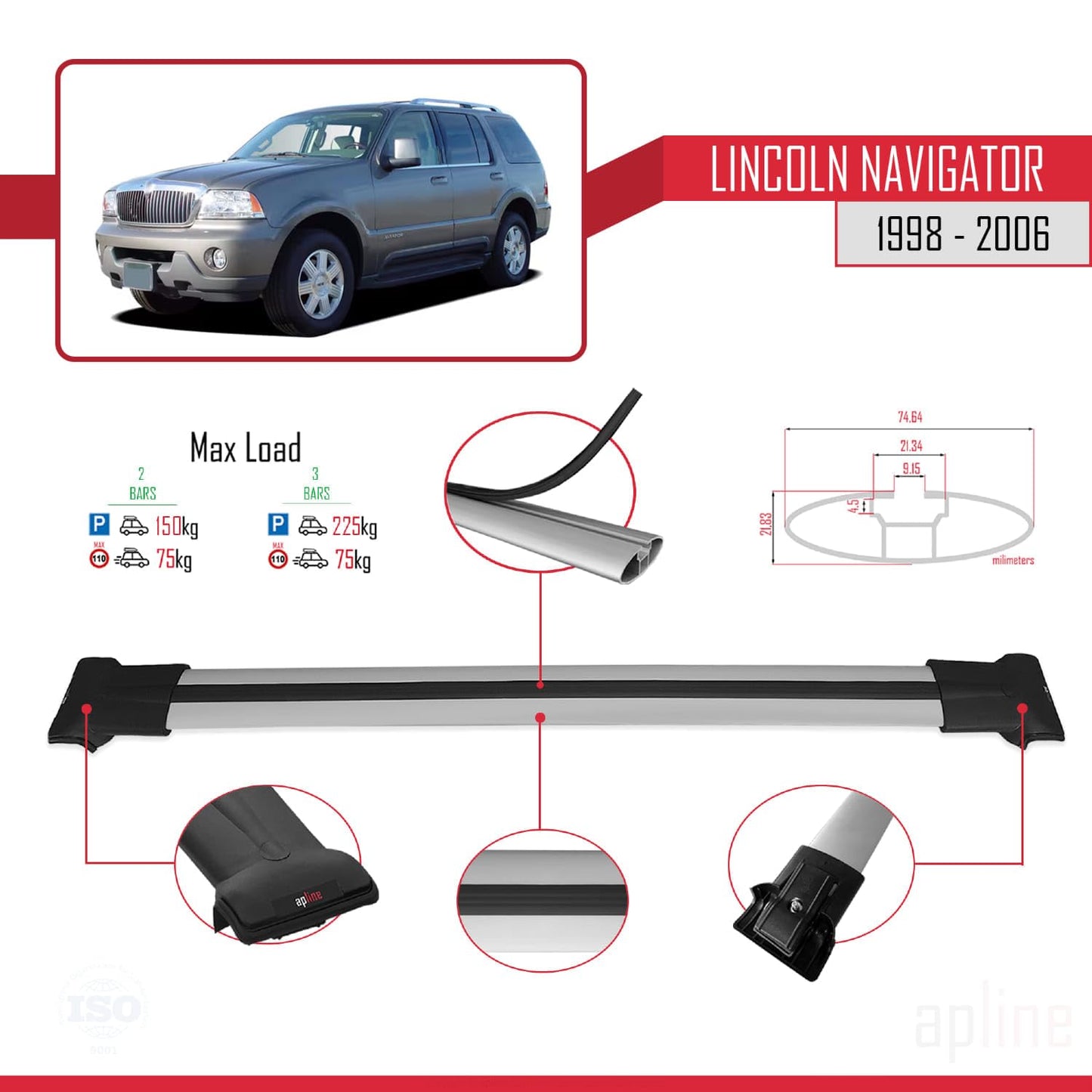 Compatible with Lincoln Navigator 1998-2006 Fly Model Car Roof Rack Cross Bar Grey Aluminium 2 Bars
