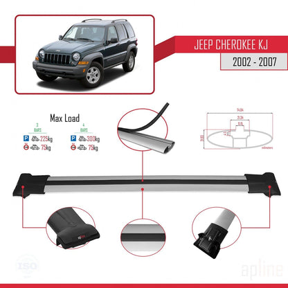 Compatible with Jeep Cherokee 3 (KJ) 2002-2007 Fly Model Car Roof Rack Cross Bar Grey Aluminium 3 Bars
