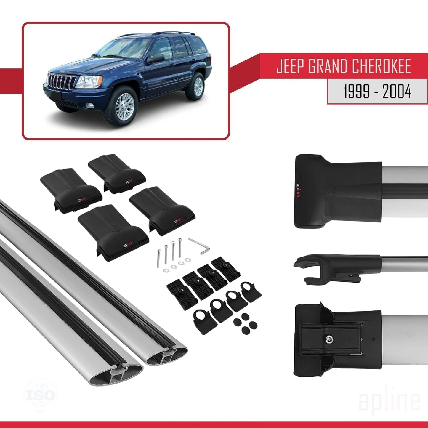 Compatible with Jeep Grand Cherokee 2 (WJ) 1999-2004 Fly Model Car Roof Rack Cross Bar Grey Aluminium 2 Bars