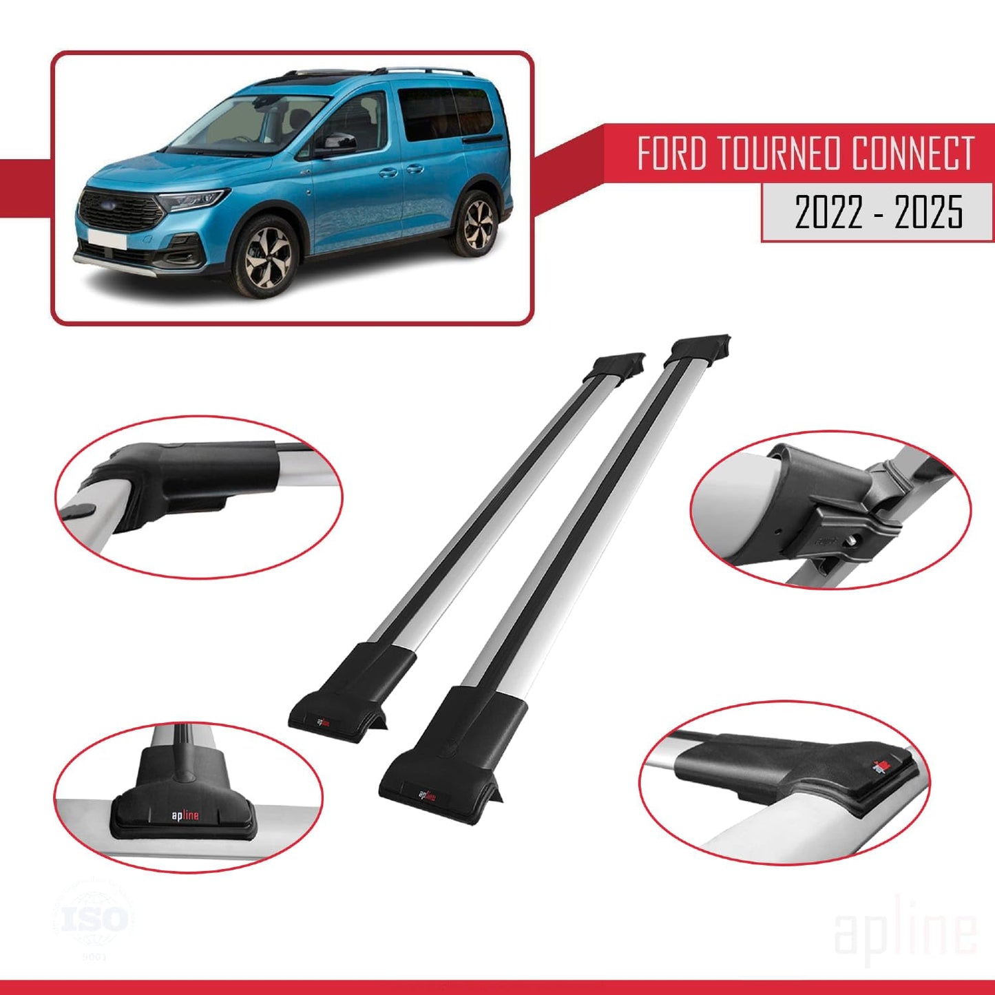 Compatible with Ford Transit/Tourneo Connect 3 2022-2025 Fly Model Car Roof Rack Cross Bar Grey Aluminium 2 Bars