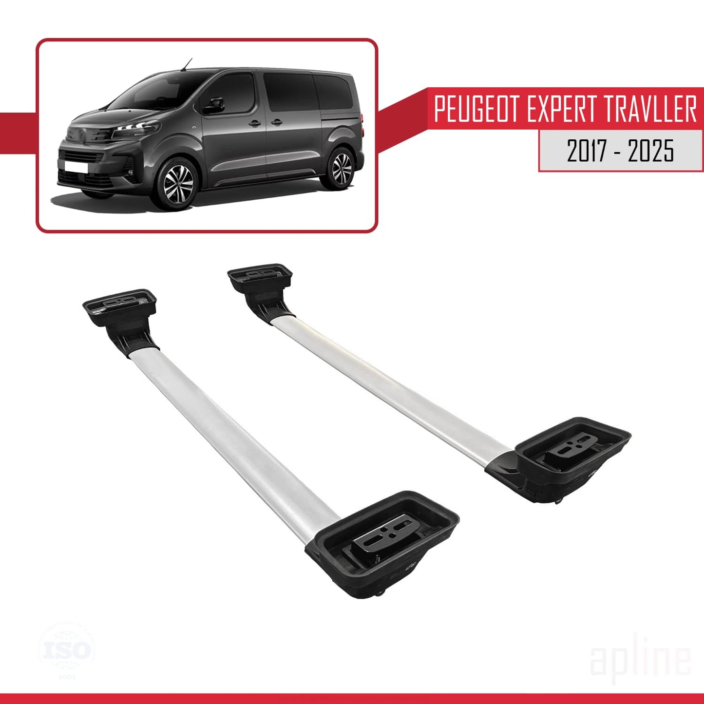 Compatible with Peugeot Expert Traveller 2017-2025 ACE-3 Car Roof Rack Cross Bar Grey Aluminium 2 Bars