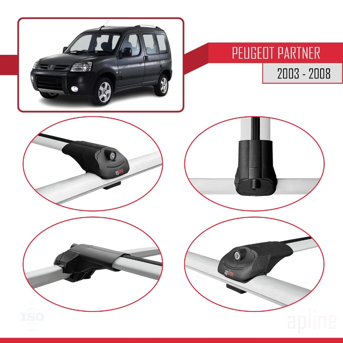 Compatible with Peugeot Partner Post-Facelift 2003-2008 ACE-1 Car Roof Rack Cross Bar Grey Aluminium 2 Bars