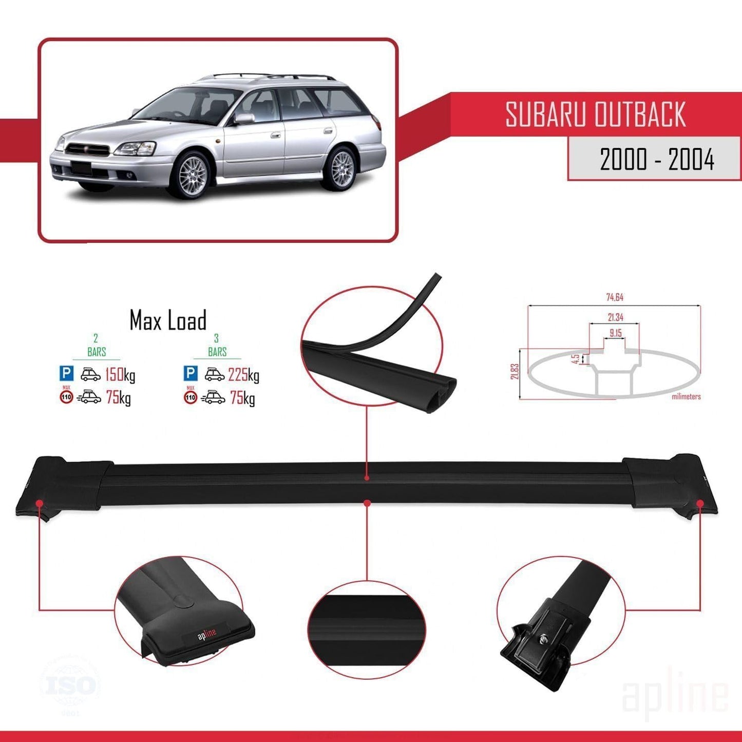 Compatible with Subaru Outback 2 2000-2004 Fly Model Car Roof Rack Cross Bar Black Aluminium 2 Bars