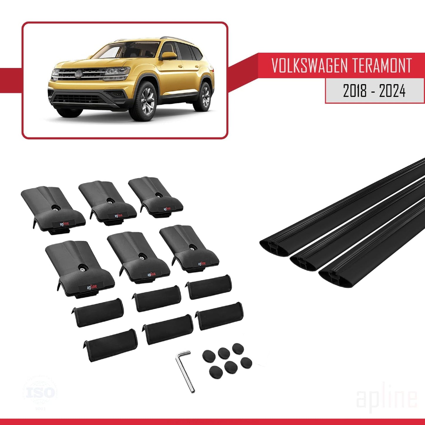 Compatible with Volkswagen Teramont (CA1) 2018-2024 Fly Model Car Roof Rack Cross Bar Black Aluminium 3 Bars
