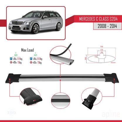 Compatible with Mercedes C Class 3 (S204) 2008-2014 Fly Model Car Roof Rack Cross Bar Grey Aluminium 3 Bars
