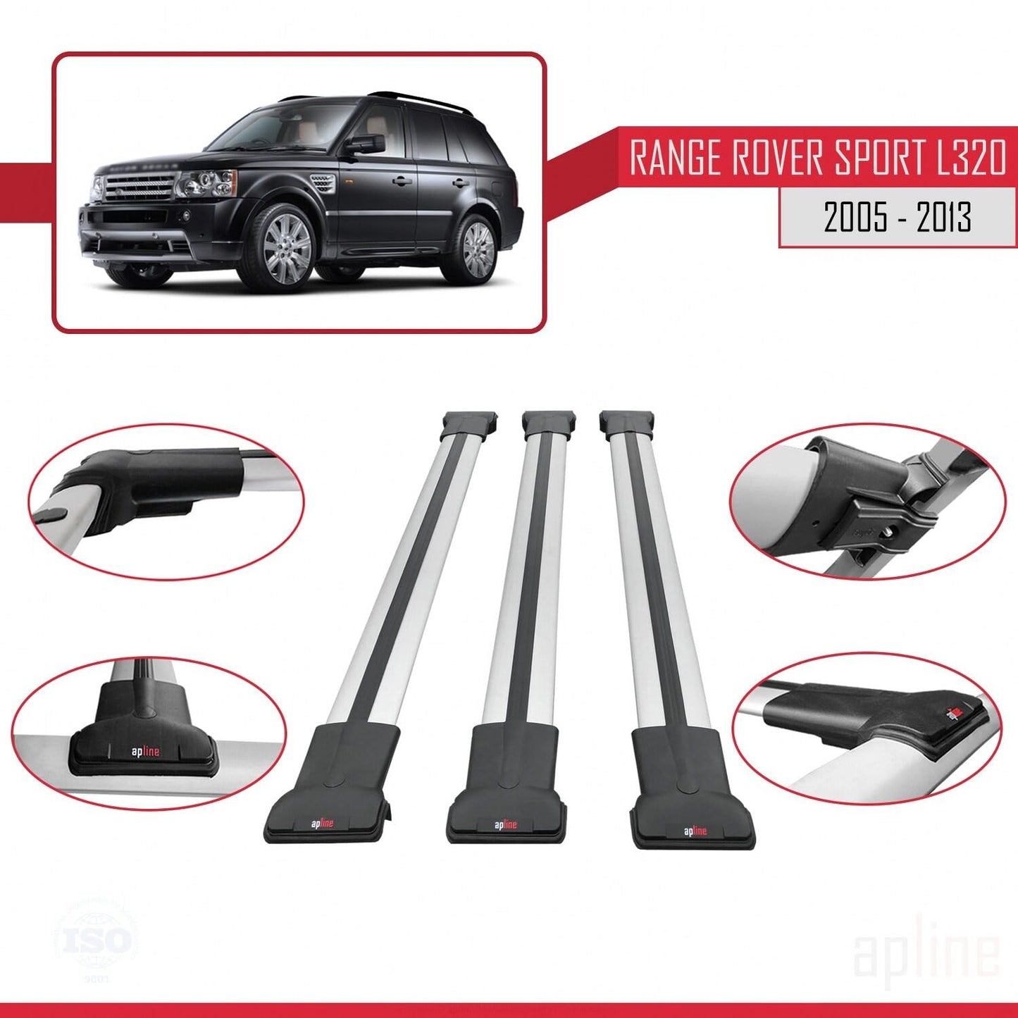 Compatible with Land Rover Range Rover Sport (L320) 2005-2013 Fly Model Car Roof Rack Cross Bar Grey Aluminium 3 Bars