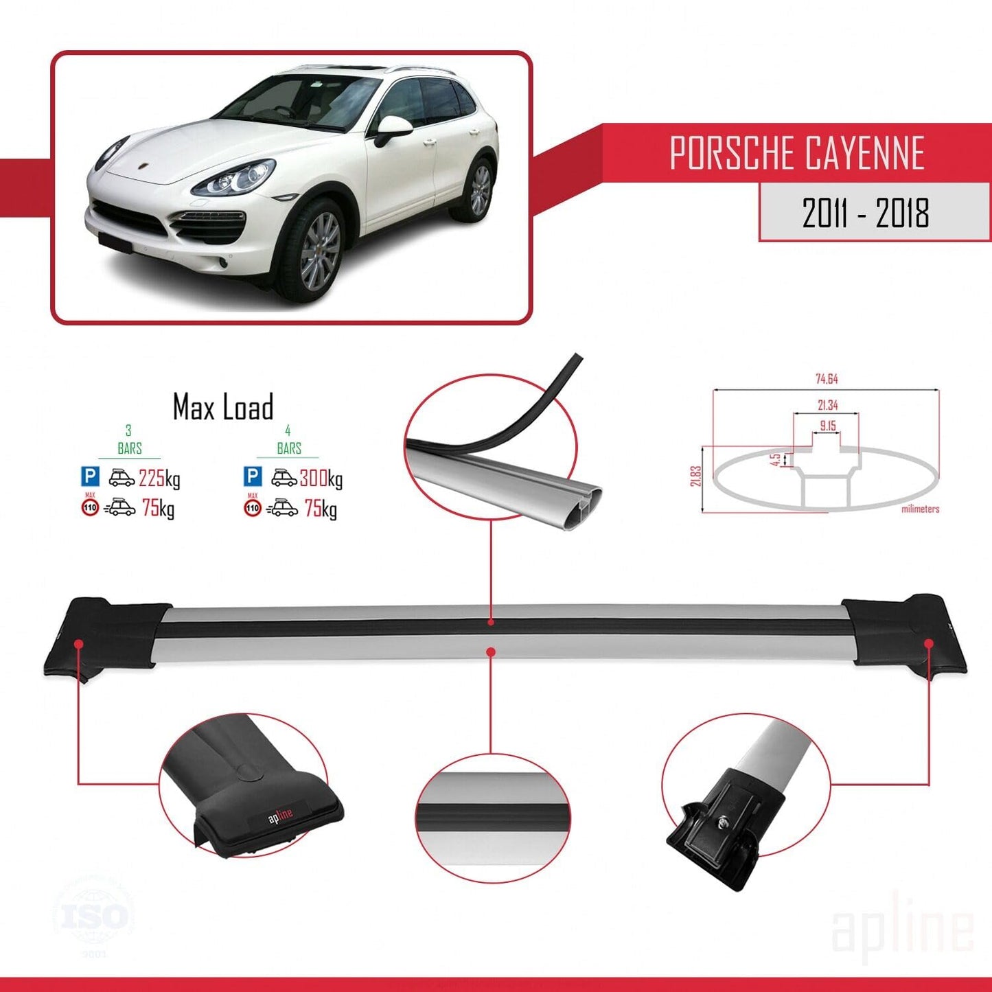 Compatible with Porsche Cayenne 2 (92A) 2011-2018 Fly Model Car Roof Rack Cross Bar Grey Aluminium 3 Bars