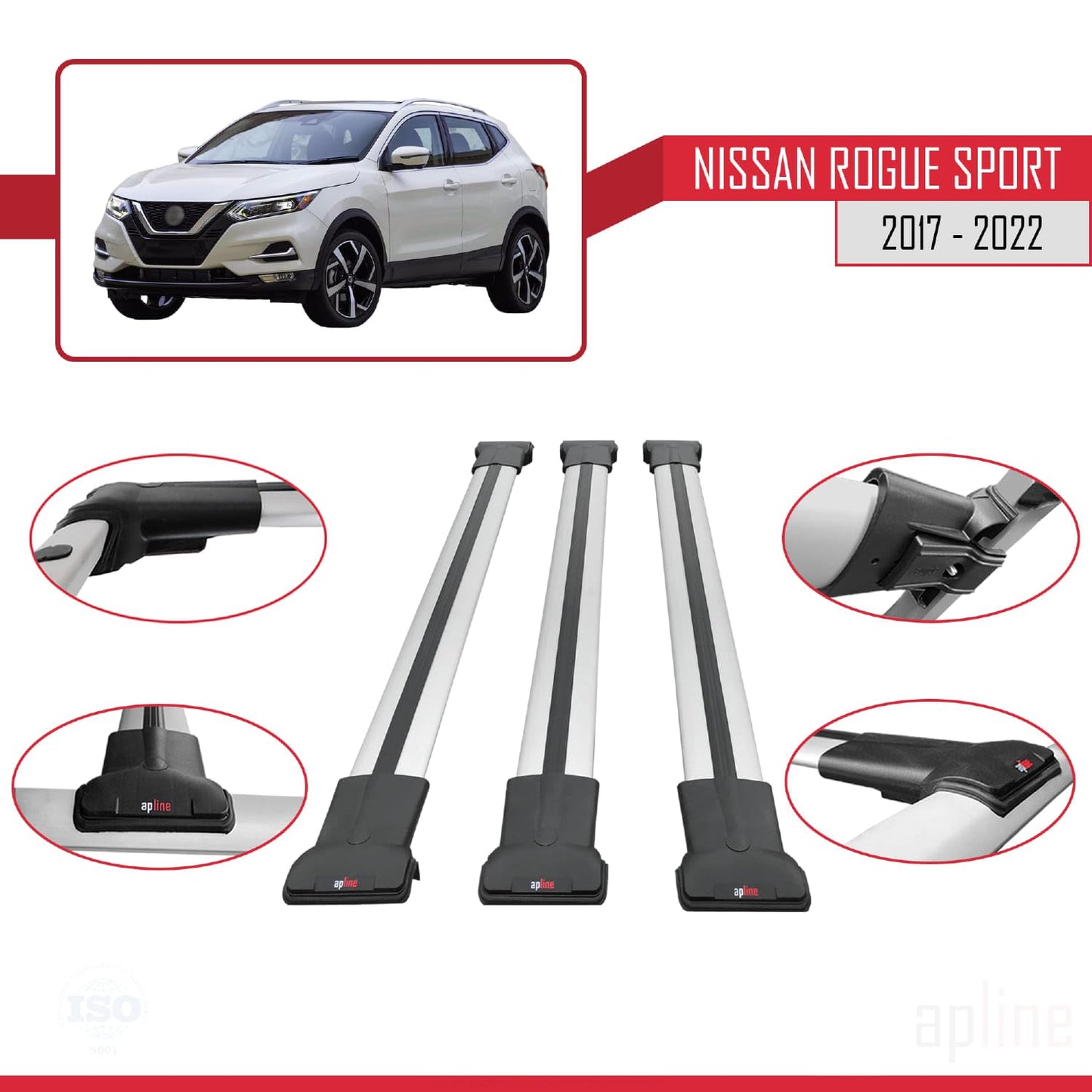 Compatible with Nissan Rogue Sport 2017-2022 Fly Model Car Roof Rack Cross Bar Grey Aluminium 3 Bars