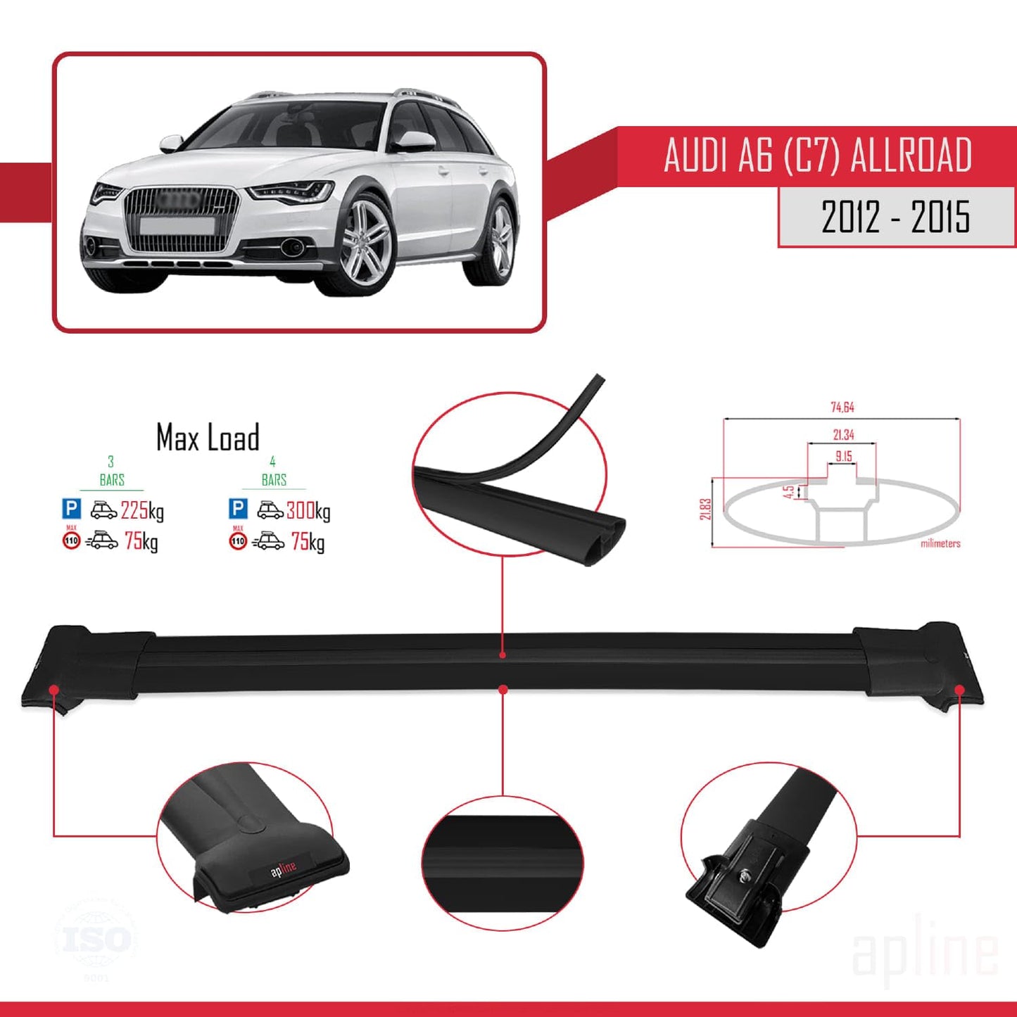 Compatible with Audi A6 (C7) Allroad 2012-2015 Fly Model Car Roof Rack Cross Bar Black Aluminium 3 Bars