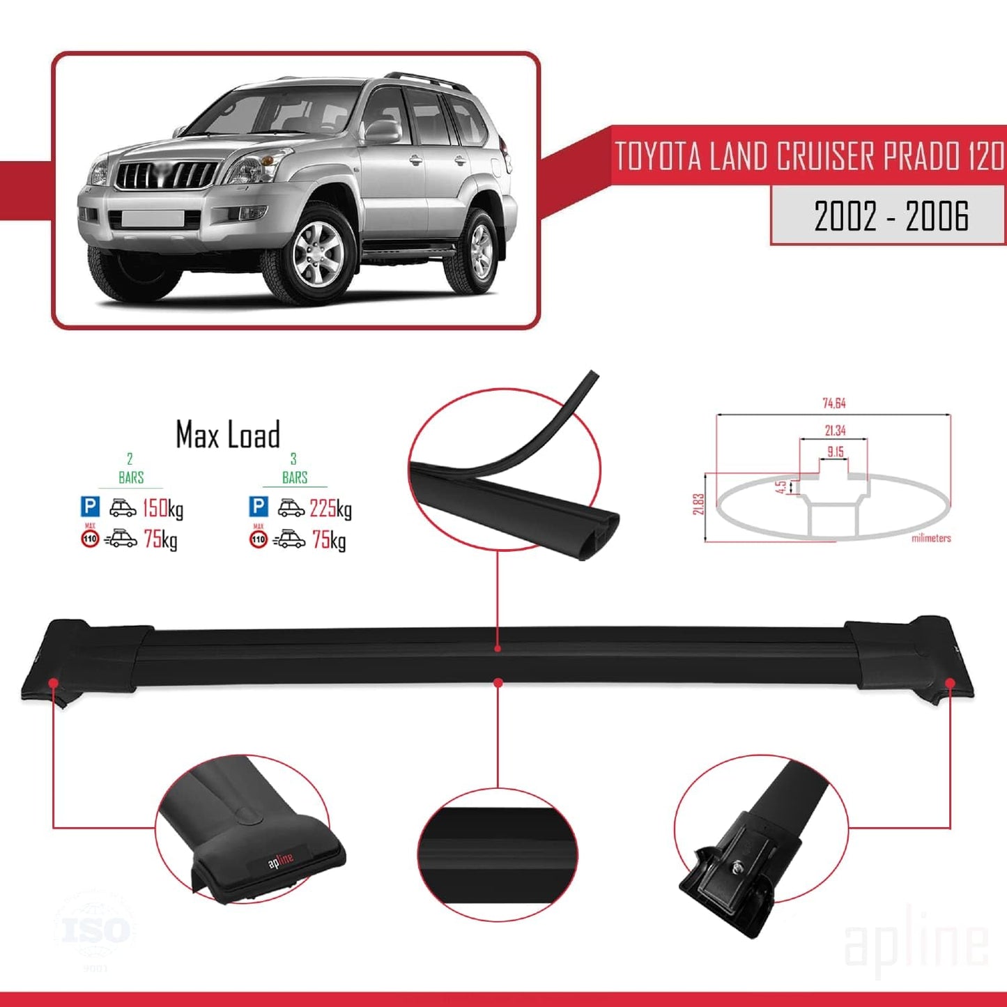 Compatible with Toyota Land Cruiser Prado (J120) 2002-2006 Fly Model Car Roof Rack Cross Bar Black Aluminium 2 Bars