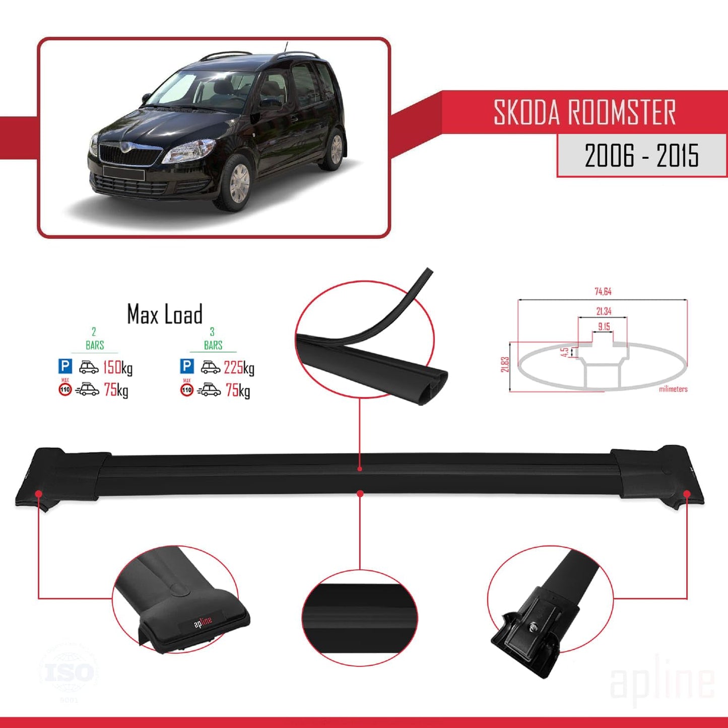 Compatible with Skoda Roomster 2006-2015 Fly Model Car Roof Rack Cross Bar Black Aluminium 2 Bars