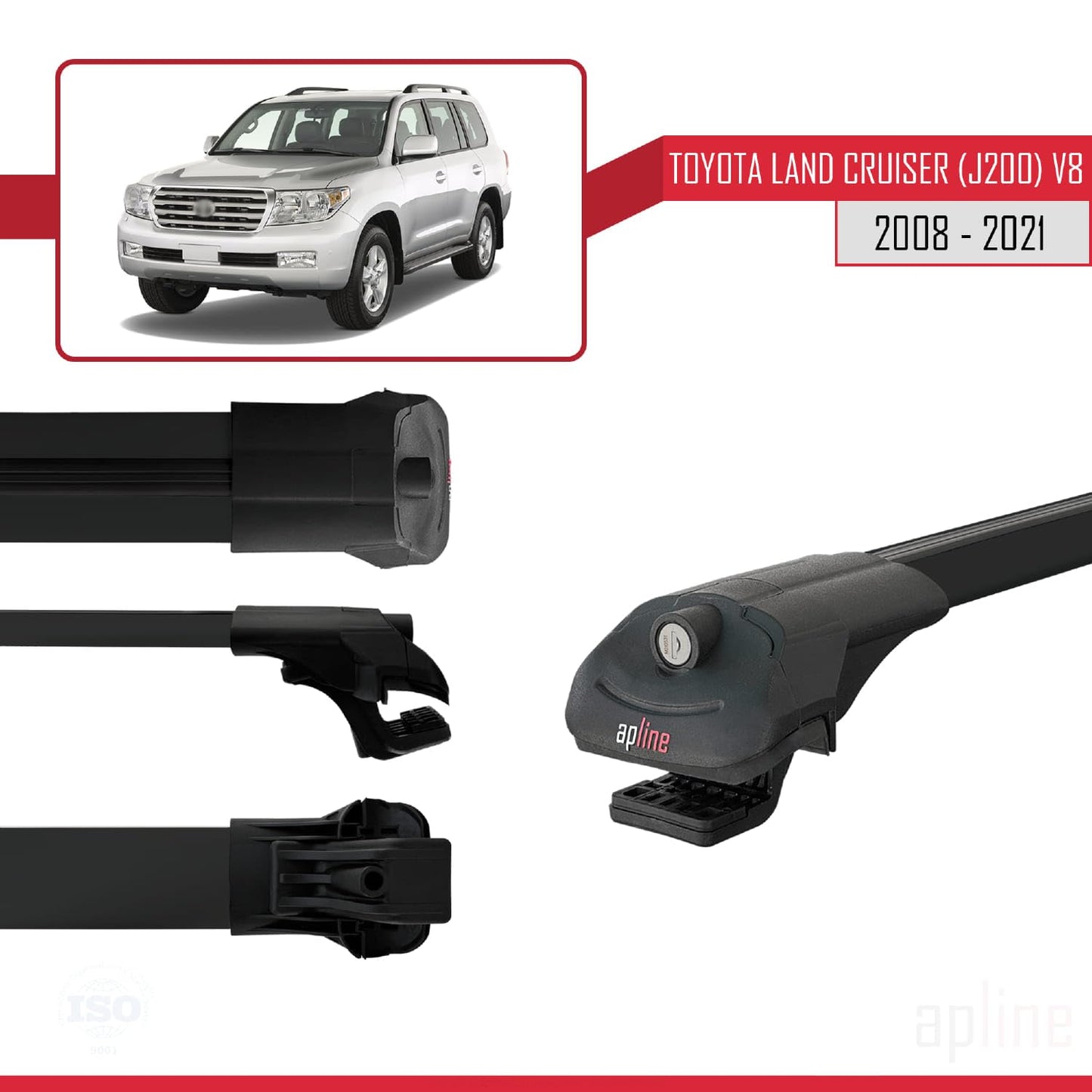 Compatible with Toyota Land Cruiser V8 (J200) 2008-2021 ACE-1 Car Roof Rack Cross Bar Black Aluminium 2 Bars