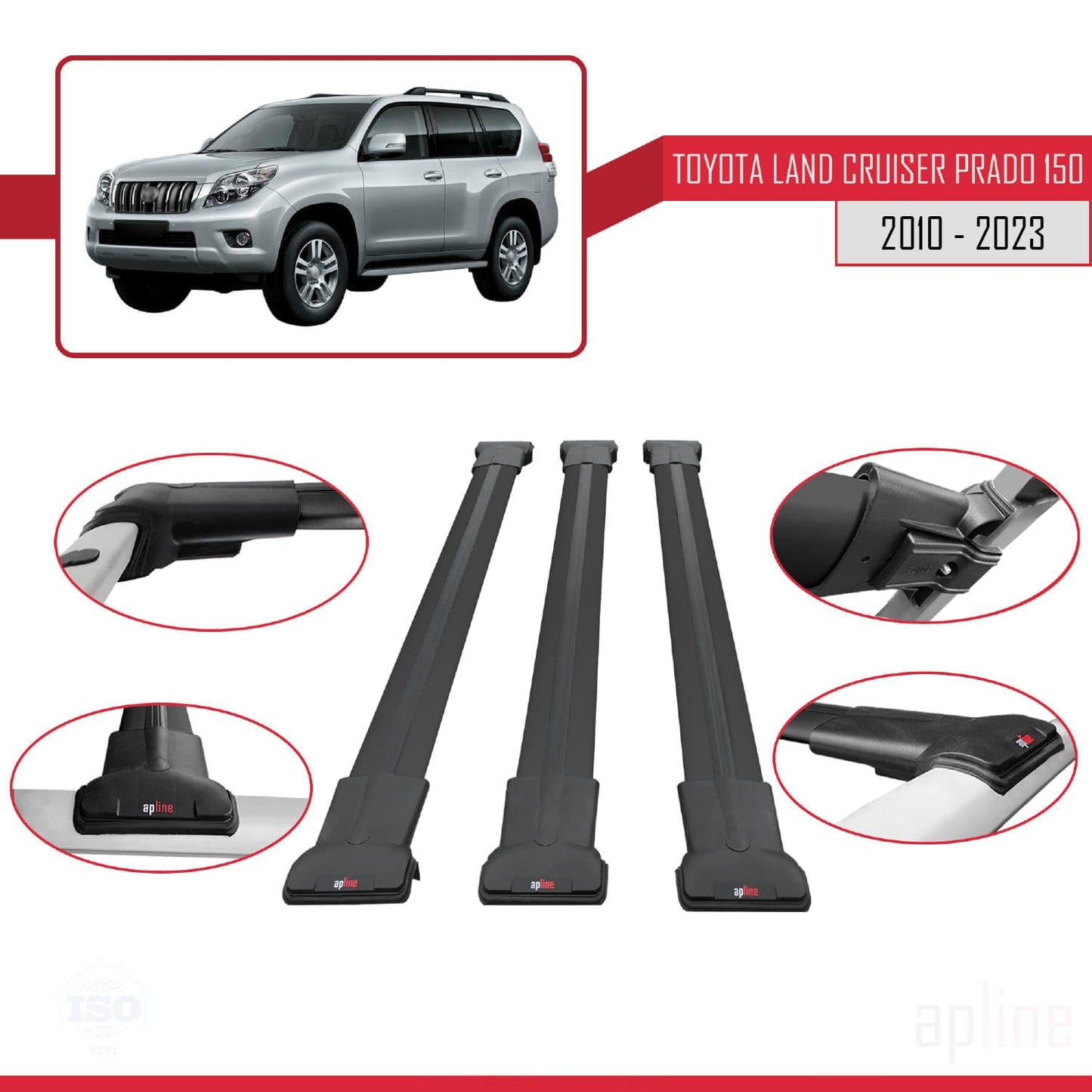 Compatible with Toyota Land Cruiser Prado (J150) 2010-2023 Fly Model Car Roof Rack Cross Bar Black Aluminium 3 Bars