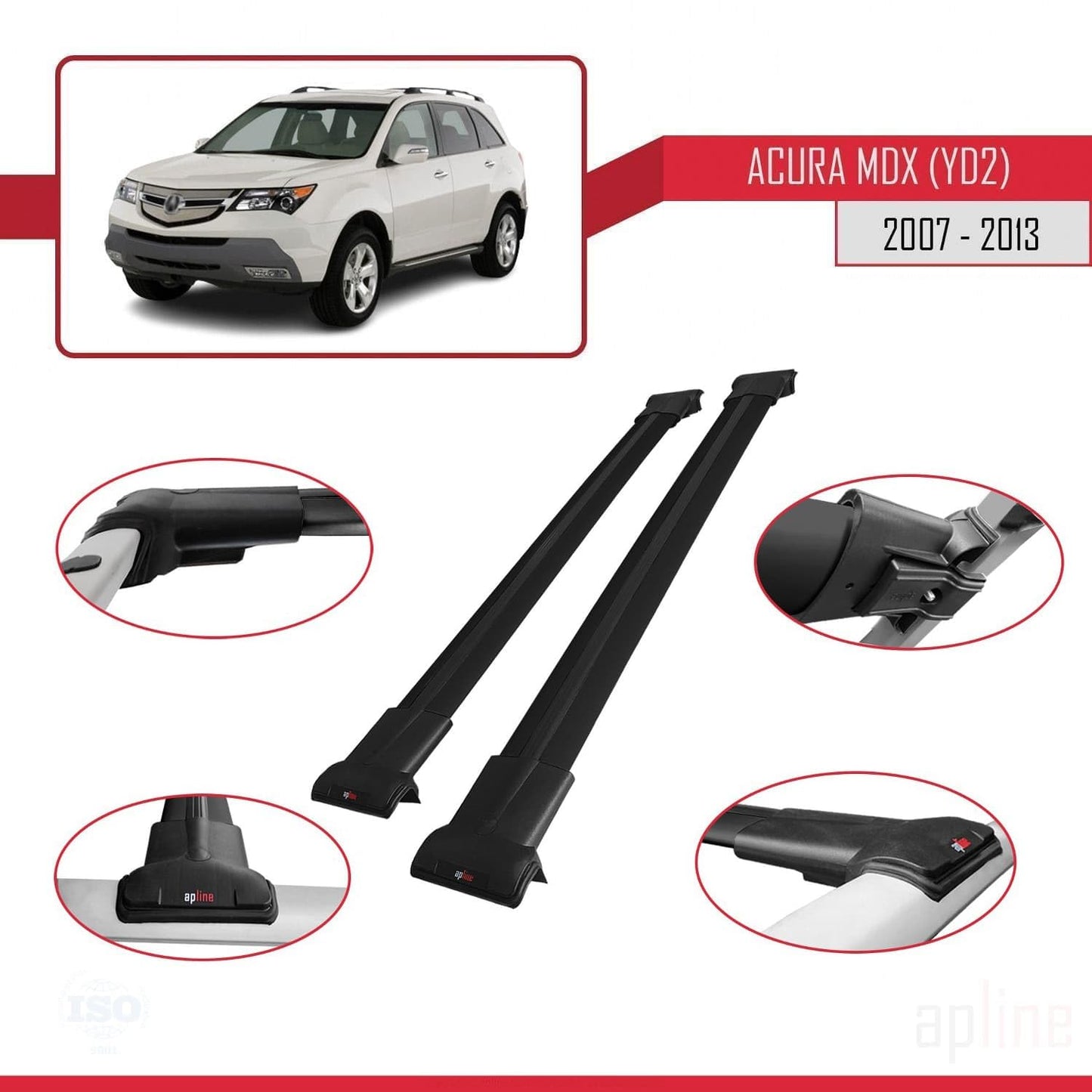 Compatible with Acura MDX (YD2) 2007-2013 Fly Model Car Roof Rack Cross Bar Black Aluminium 2 Bars